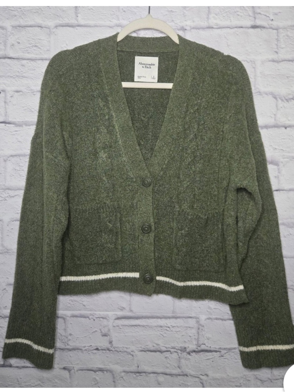 Abercrombie & Fitch Olive Green Button Front Cardigan with Cream Trim